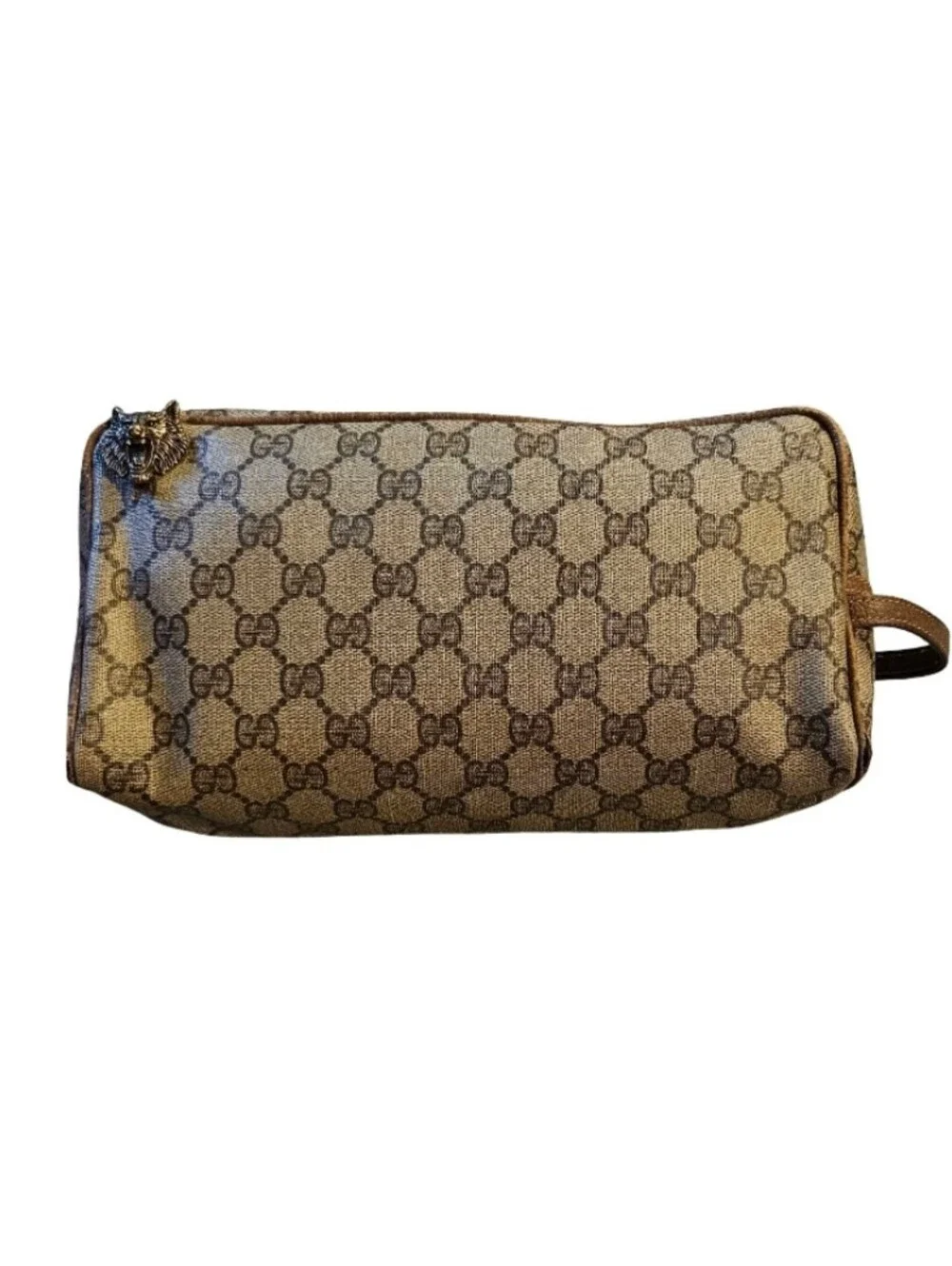 GUCCI GG SUPREME  WOLF Beige Canvas Toiletry travel Bag Wristlet  AUTHENTIC